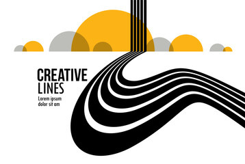 Linear composition vector road to horizon, abstract background with lines in 3D perspective, optical illusion op art, black and yellow colors.