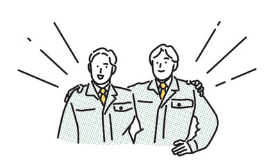 シンプル　イラスト　仲間と肩を組む作業服の男性