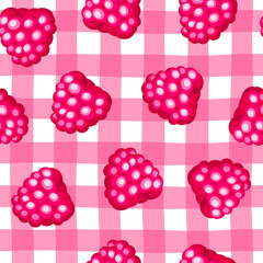 Colorful cartoon raspberry fruit seamless pattern isolated on white background. Doodle simple vector juicy food. Juice packaging design. Summer fabric print template.