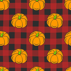 Fresh vegetable seamless pattern with pumpkins. Flat isolated vector fabric print template. Thanksgiving, harvesting concept backdrop. Farm food wrapping paper. Illustration in flat outline style.