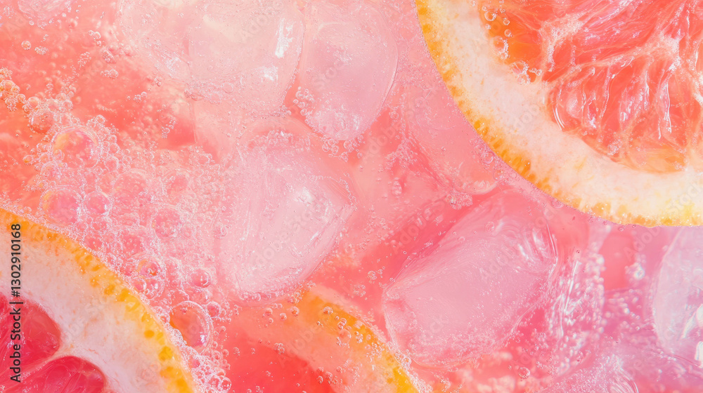Poster Refreshing texture of pink grapefruit with ice and bubbles for beverage design