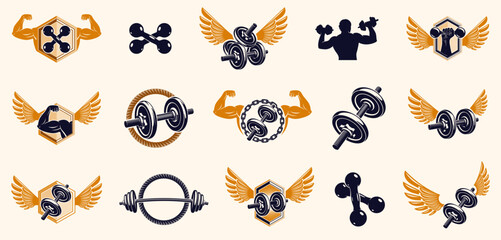 Fototapeta premium Fitness sport emblems logos or posters with barbells dumbbells kettlebells and muscle man silhouettes vector set, athletic workout active lifestyle theme, sport club or competition awards.