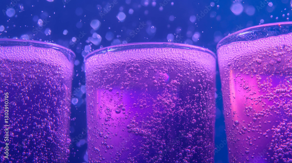 Poster close up of sparkling purple beverage with bubbling texture for refreshing drink design