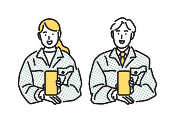 シンプル　イラスト　スマホで見積もりを提示する作業着の男女