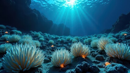 Underwater view of coral reef affected by bleaching due to climate change	