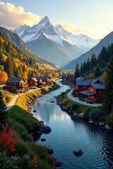 Fototapeta premium Serene Mountain Village nestled beside a tranquil river, showcasing autumnal foliage and majestic snow-capped peaks