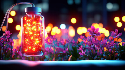 whimsical blood donation bag glows amidst vibrant flowers, creating magical atmosphere. colorful lights and floral backdrop evoke sense of wonder and creativity
