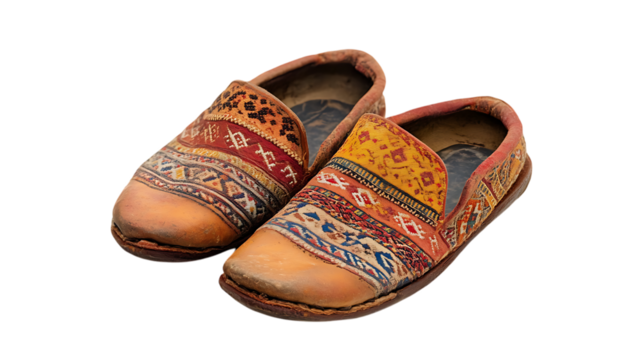 Pair of handcrafted leather slippers with vibrant ethnic patterns.