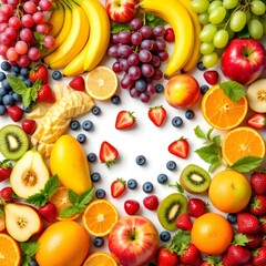 Vibrant fresh fruits, Colorful fruit assortment, Tropical fruit display, Healthy eating, Fruit bowl arrangement