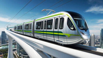 Silver and green futuristic train speeds along an elevated track with city buildings on a sunny day.