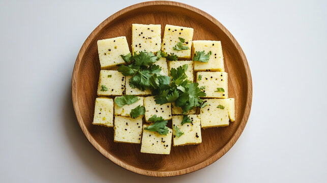Delicious Khaman Dhokla Indian Savory Snack Steamed Cut into Cubes Garnished with Cilantro on