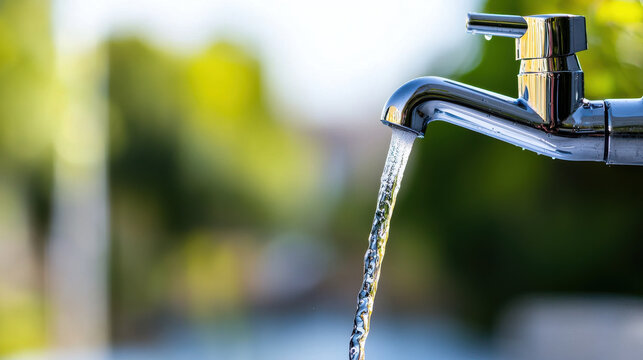 minimalist shot of water streaming from faucet, showcasing clarity and flow of water against blurred green background. image evokes sense of freshness and purity