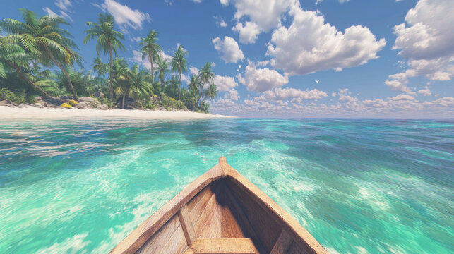 Tropical paradisiacal island journey from boat perspective