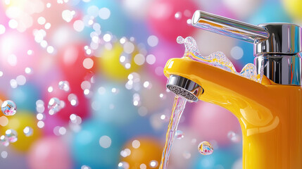 playful image of water gushing from colorful faucet, surrounded by vibrant bubbles and blurred background of colorful balloons, creating joyful atmosphere