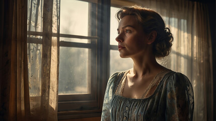 young woman looking out window