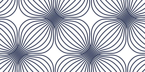 Linear geometric flowers seamless pattern, vector tiling abstract background of optical art lines curvy shapes look like flowers, elegant endless wallpaper.