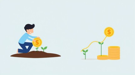 Investment growth shown by a man placing a coin in the ground to a stack of coins growing tall