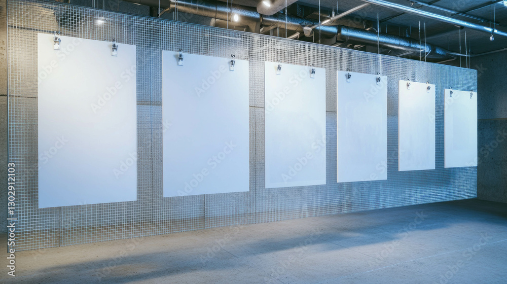 Poster modern exhibition space with white frames on metal grid display