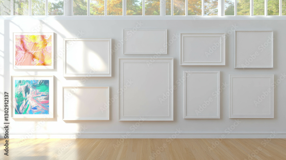 Poster Minimalist interior design with various sized white frames for home or gallery art display