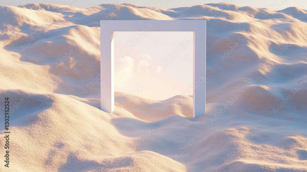 Aufkleber surreal desert scene with white frame in golden sand at sunset for art display
