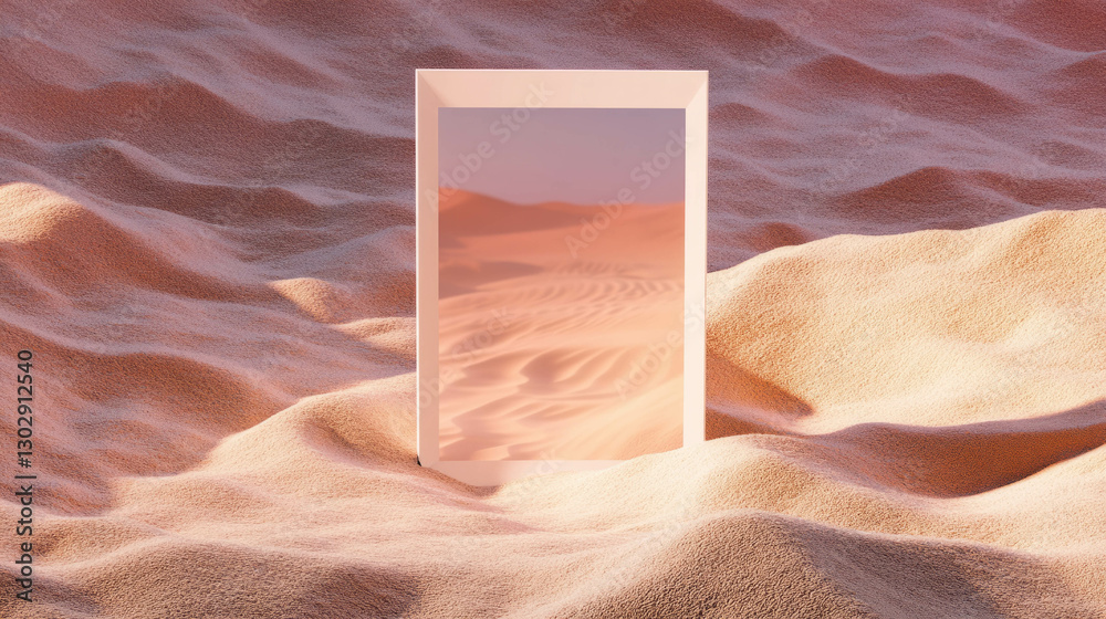 Aufkleber abstract desert scene with white frame partially buried in sand for creative design