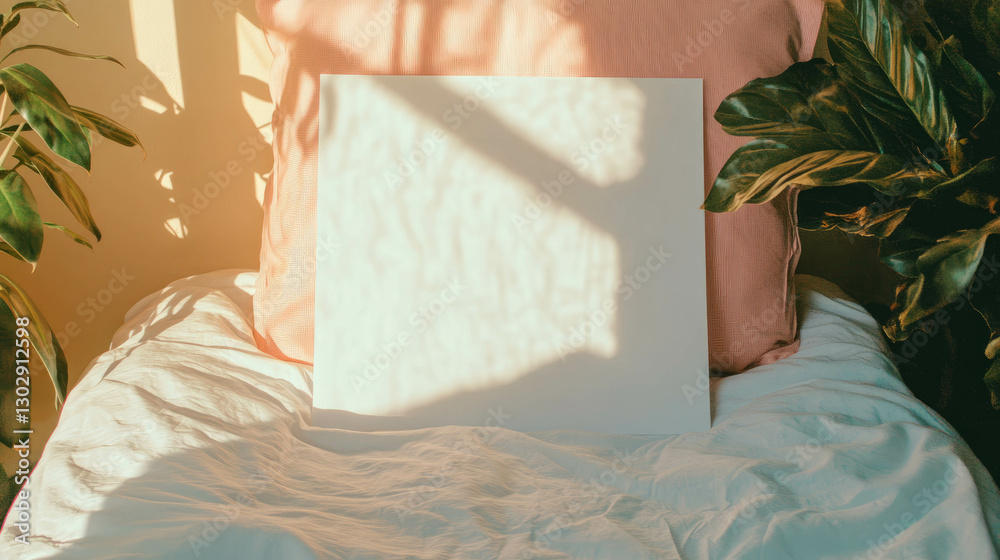Poster minimalistic mockup of a white frame with natural light and green foliage for design presentation