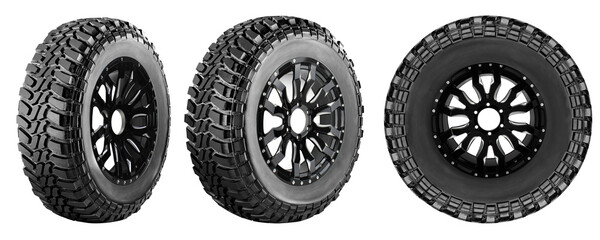 Offroad tire and wheel , car tire set photo isolated on white background.
