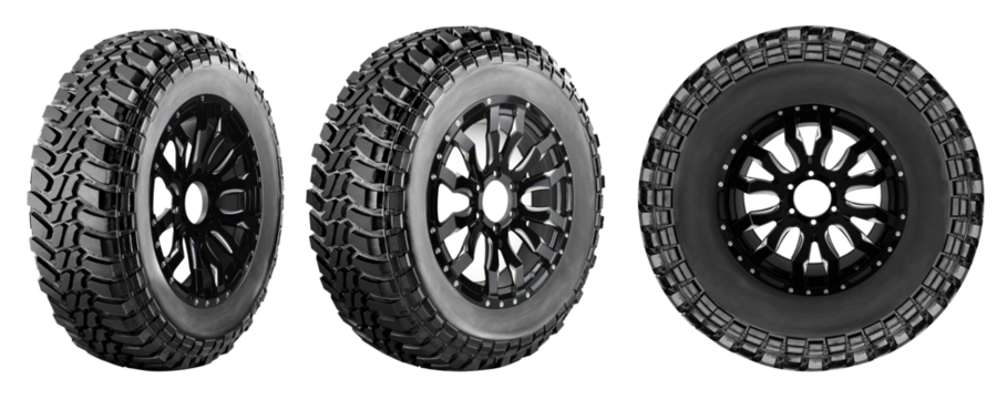Offroad tire and wheel , car tire set photo isolated on white background.