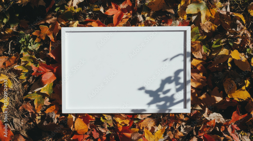Aufkleber autumn display mockup with white frame on vibrant colorful leaves