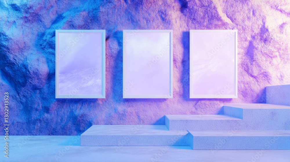 Aufkleber Abstract display of three white frames in a staircase setting with vibrant lighting