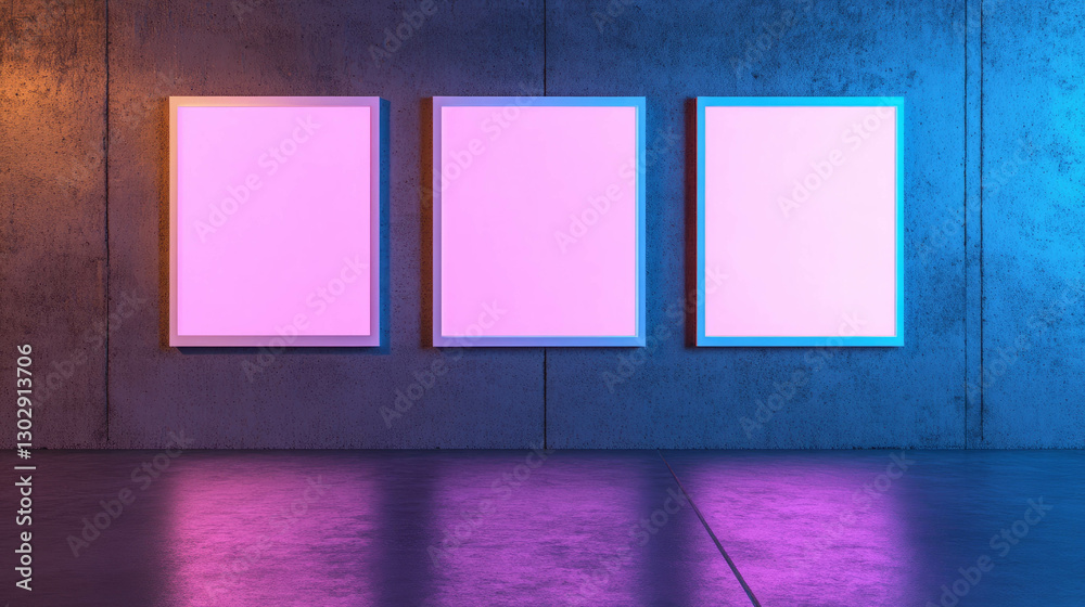 Poster Modern art gallery display with three white frames on colorful background