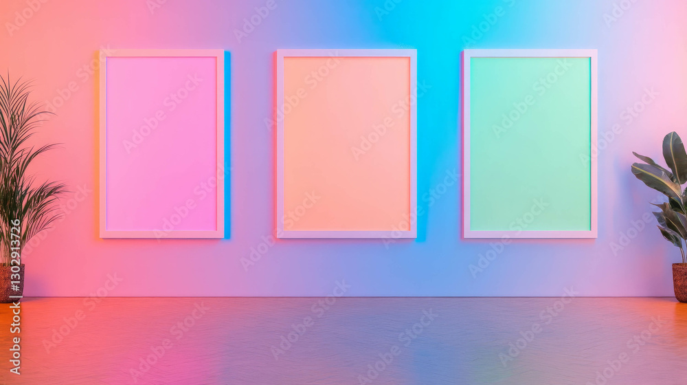 Poster modern art display with three white frames on vibrant gradient background for creative home decor