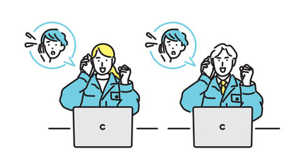 シンプル　イラスト　トラブルの相談に笑顔で応じる作業着の男女