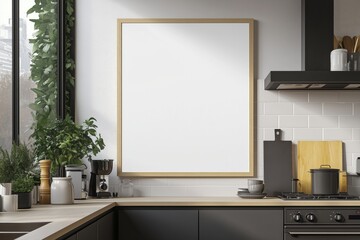 Mockup de moldura vertical em cozinha moderna com utensílios, plantas e decoração minimalista, criado com IA generativa para visualização de arte e design