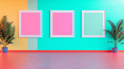 Modern interior design with three white frames on colorful wall