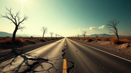 A long, cracked asphalt road stretches towards a distant horizon, lined with leafless trees under a bright sun, conveying a sense of journey and solitude in a desolate landscape.