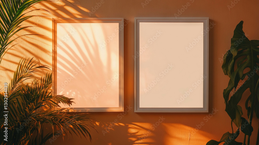 Poster minimalistic wall art design with two white frames and leaf shadows