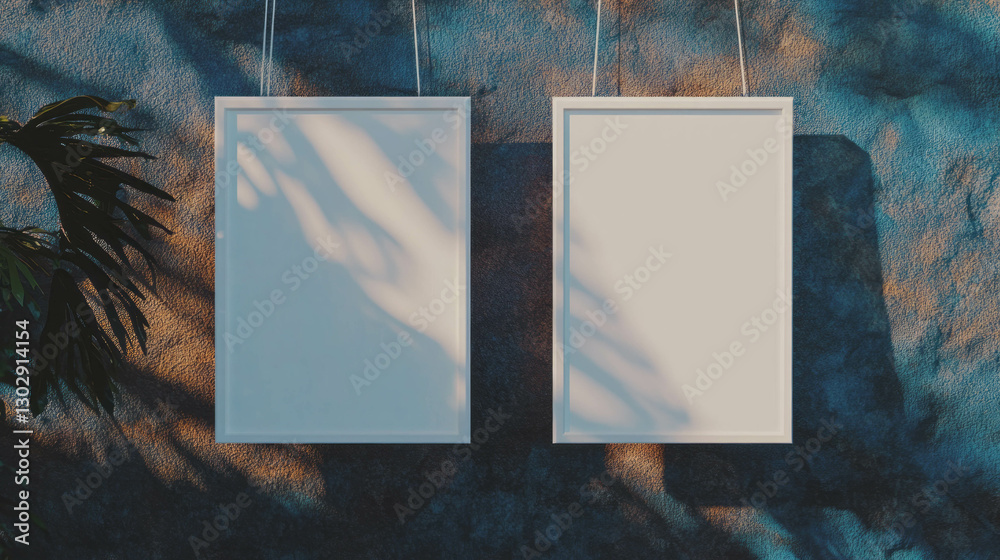 Poster dual white frames with string against textured wall in natural light