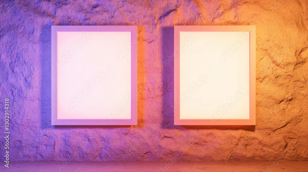 Poster contemporary art display with two white frames on textured wall with colorful lighting