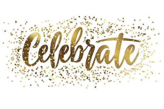 Celebrate in Shimmering Gold Script Lettering Isolated on Transparent Background