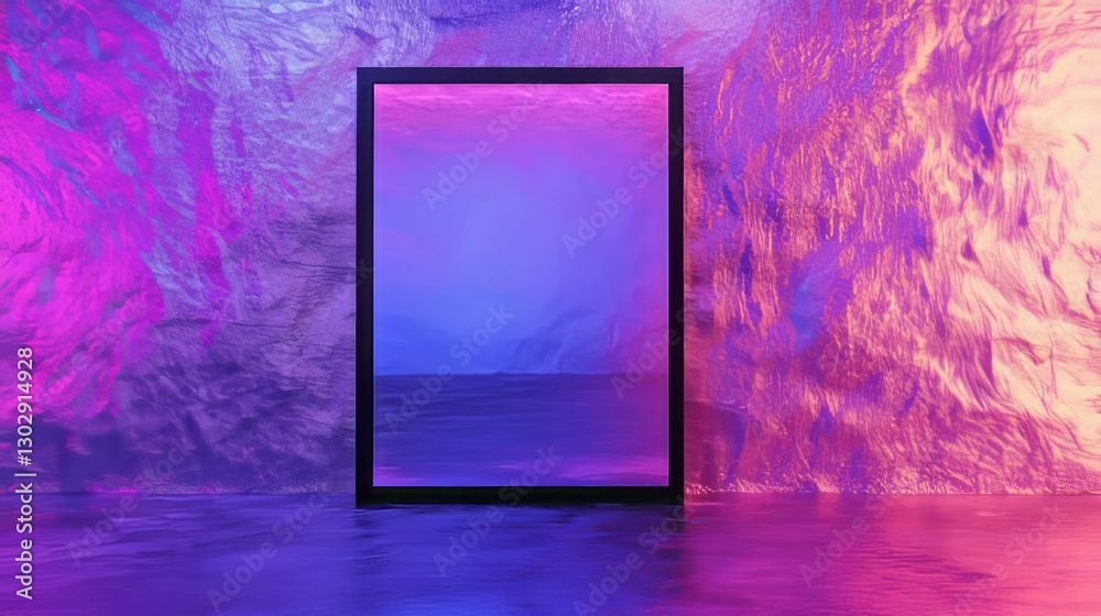 Poster vibrant abstract mockup with black frame on colorful textured metal surface for creative design