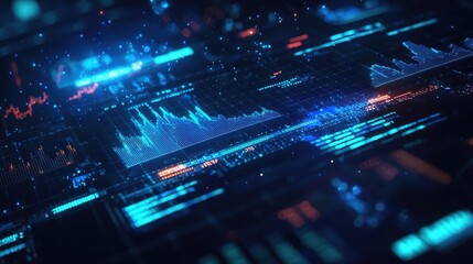Visual representation of data analysis and digital technology showcasing graphs and statistics in a vibrant, futuristic design