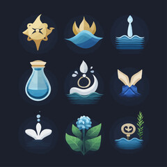 Vector graphics of water, flowers, and mystical symbols on dark background