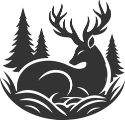 A resting deer curled up on the forest floor animal silhouette vector