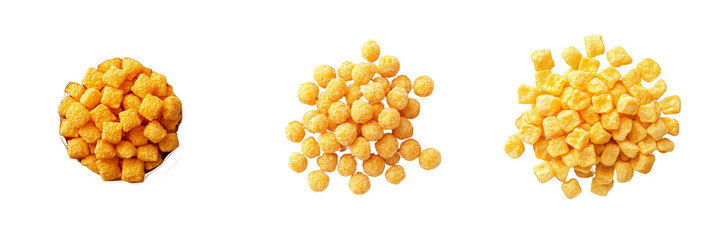 Three different views of delicious golden corn puffs snacks on Transparent Background