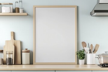 Mockup de moldura vertical em cozinha moderna com utensílios, plantas e decoração minimalista, criado com IA generativa para visualização de arte e design
