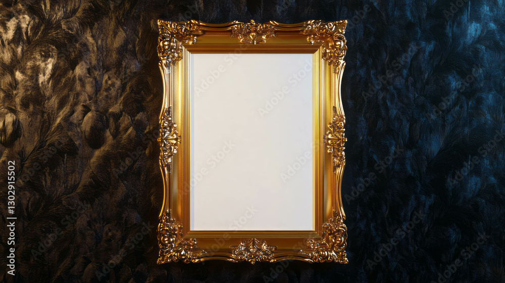Poster elegant gold ornate frame on textured wall mockup for art display or interior design