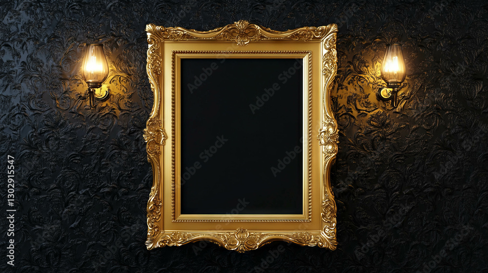 Poster elegant art display concept with gold ornate frame on textured wall for interior design