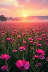 Obraz premium Serene sunrise illuminating a vast field of vibrant pink blossoms, bathed in the soft golden light of dawn.