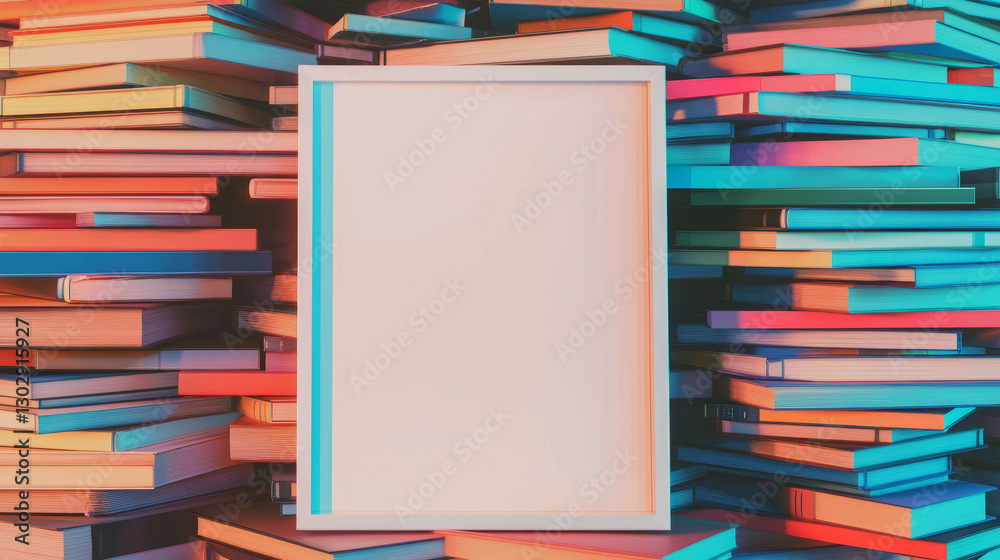 Poster Blank white frame on vibrant colorful book stack for creative design and art display mockup